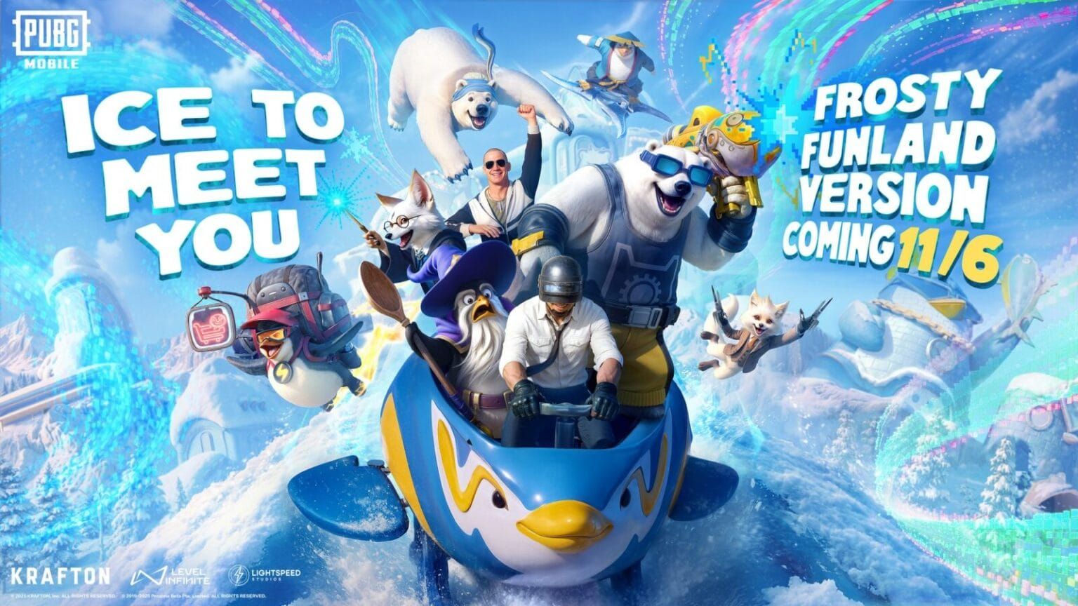 Seven winter-themed NPCs from PUBG Mobile 4.1 Frosty Funland event including penguins, polar bear, and foxes
