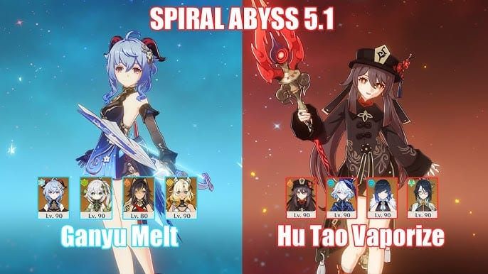 Genshin Impact in-game screenshot showing Hu Tao Vaporize reactions with Mavuika and Xingqiu team