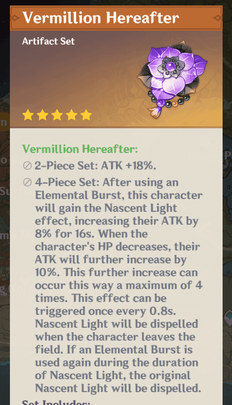 Vermillion Hereafter 4-piece artifact set with stat bonuses