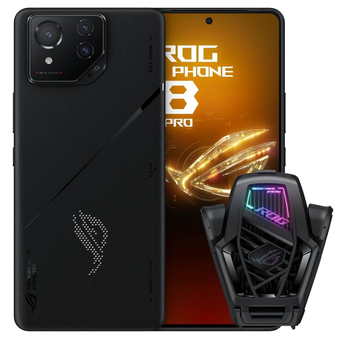 ASUS ROG Phone 8 Pro gaming smartphone with visible AirTrigger buttons and gaming design elements