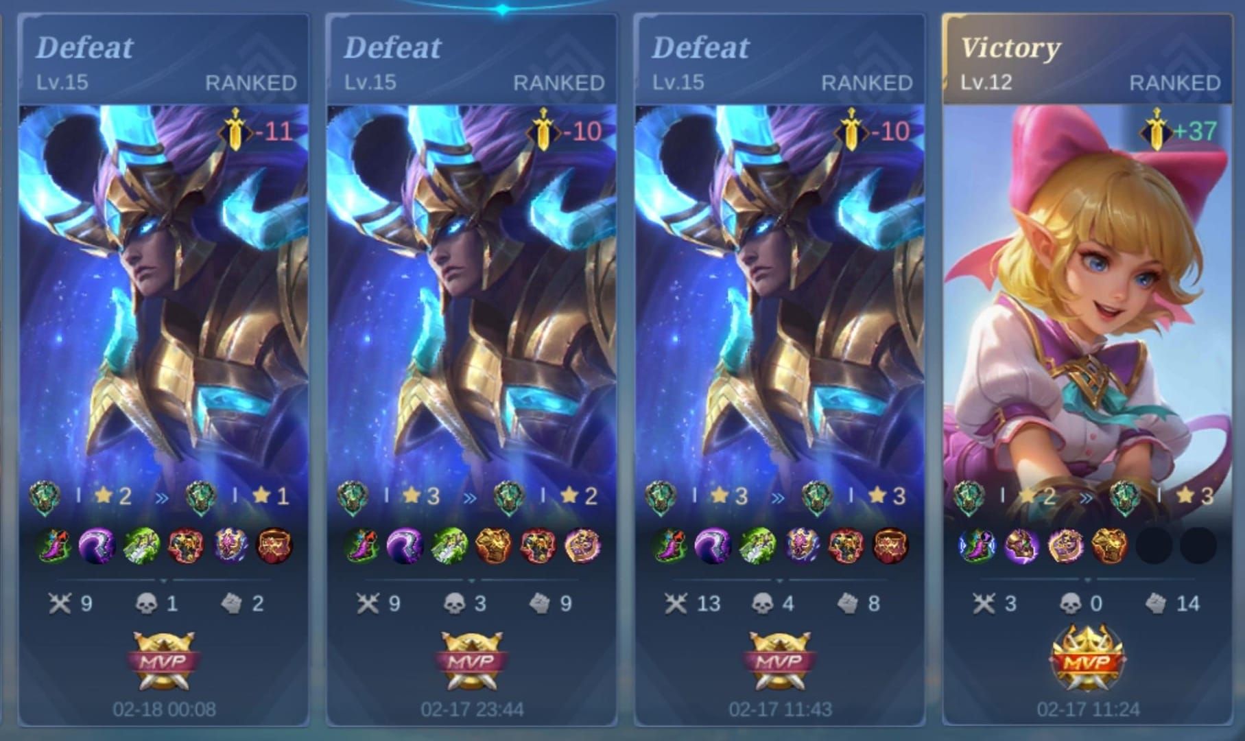 Экран послематчевой статистики Mobile Legends, отображающий звездные награды и бонусы за MVP