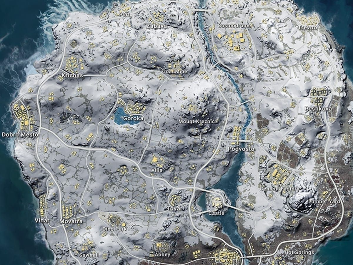 Карта Викенди в PUBG Mobile с указанием мест появления снегохода «Пингвин», включая пещеру Подвосто