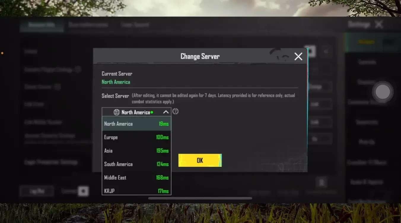 PUBG Mobile server selection interface showing regional options