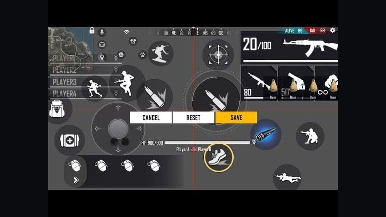 Редактор пользовательского HUD в Free Fire с кнопками огня, прыжка и прицела на направляющих линиях