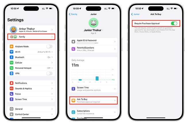 Apple Family Sharing interface displaying the Require Purchase Approval setting