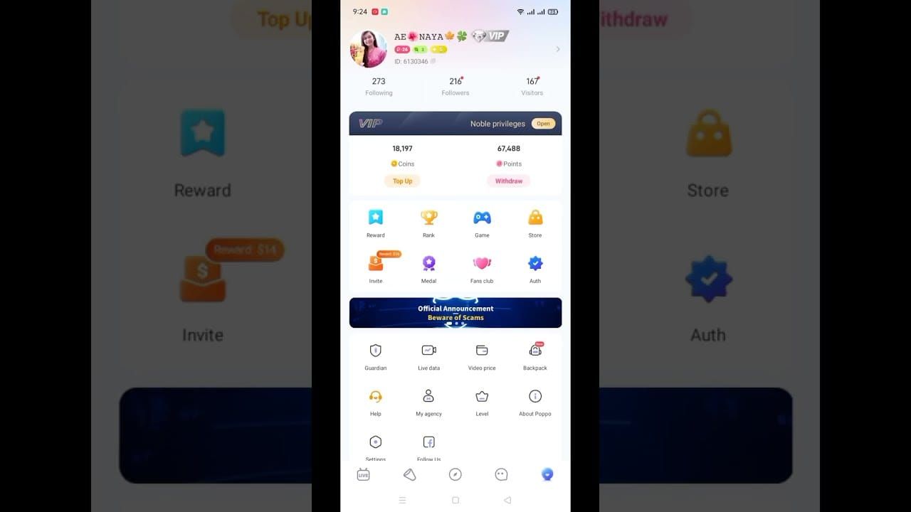 Poppo Live dashboard interface for claiming bonus mission rewards and withdrawals