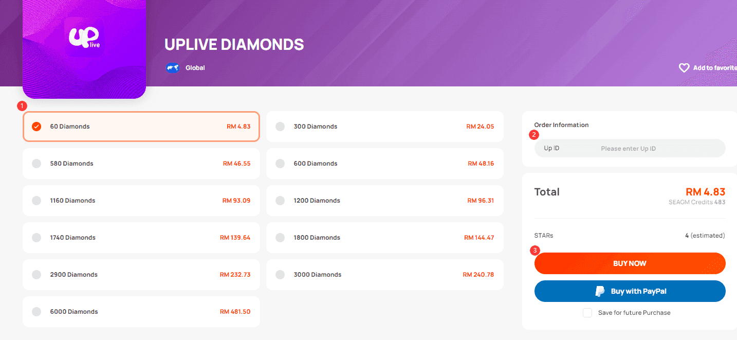 Интерфейс пополнения Uplive, показывающий варианты оплаты кредитной картой и PayPal