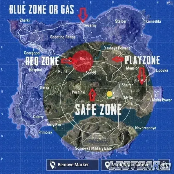 Схема стратегии «Алмазный край» в PUBG Mobile, показывающая оптимальное позиционирование в поздней игре у краев зоны
