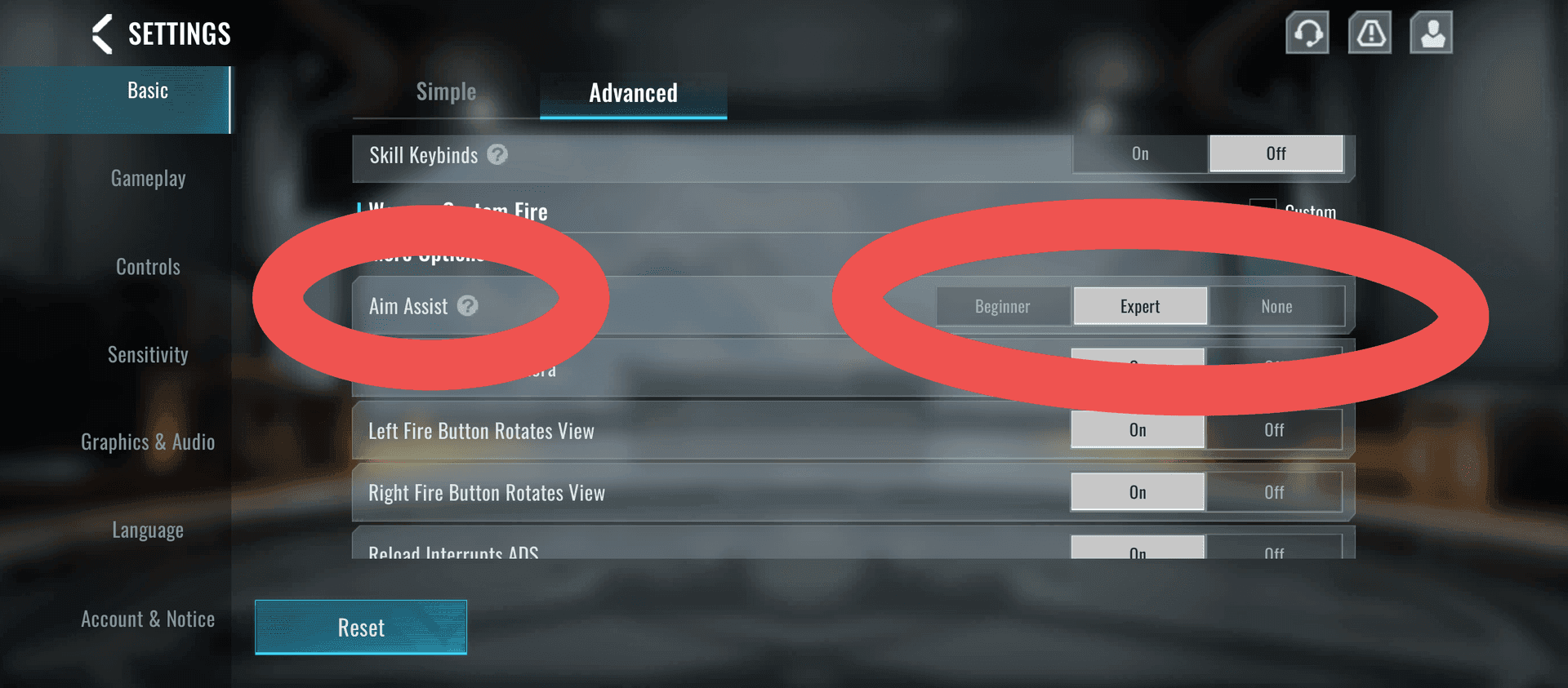 Blood Strike aim assist strength sliders interface