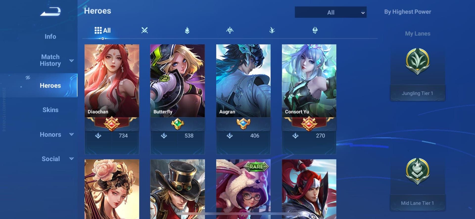 Honor of Kings Hero Power UI showing top 5 heroes, proficient heroes, and lane powers