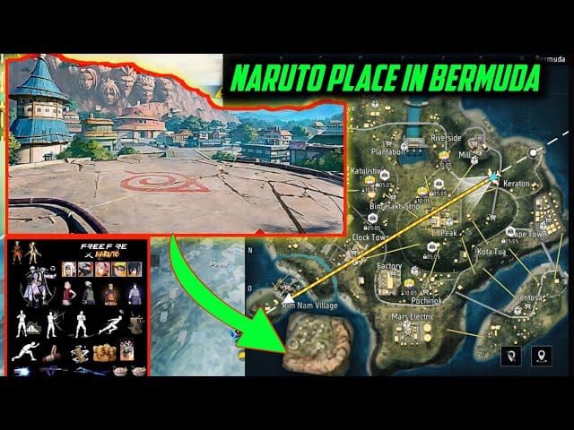 Free Fire Bermuda map with Naruto collaboration elements like Hokage Rock and Ichiraku Ramen