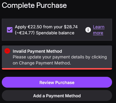 Экран оплаты на сайте Twitch с раздельной оплатой через баланс кошелька Twitch