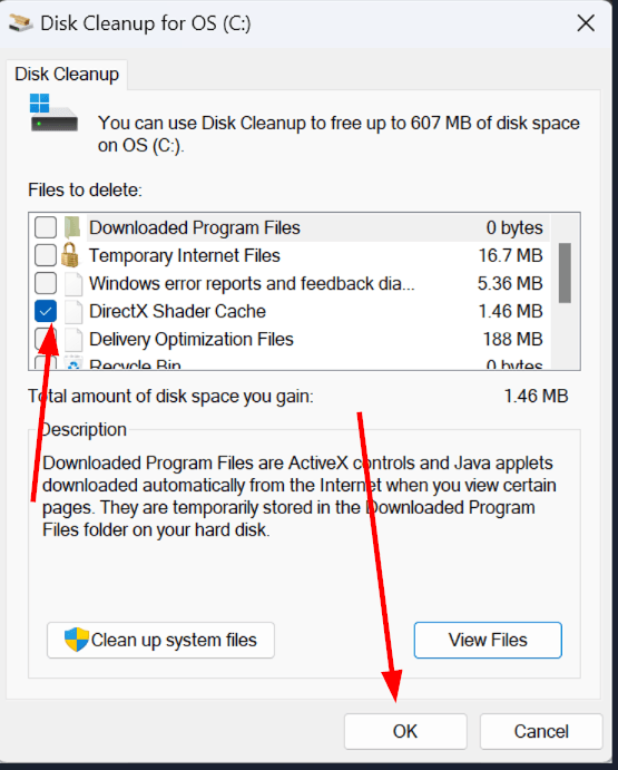 Экран очистки диска Windows с выделенной опцией удаления кэша шейдеров DirectX