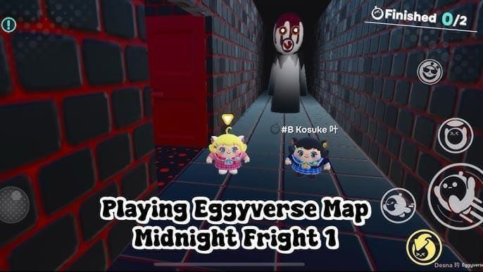 Eggy Party Massacre map screenshot showing checkpoint placement in horror-themed level design