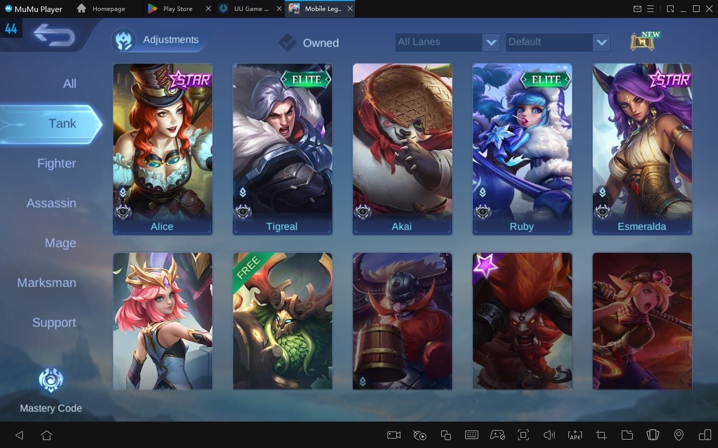 Интерфейс выбора героев Mobile Legends Bang Bang с героями для новичков