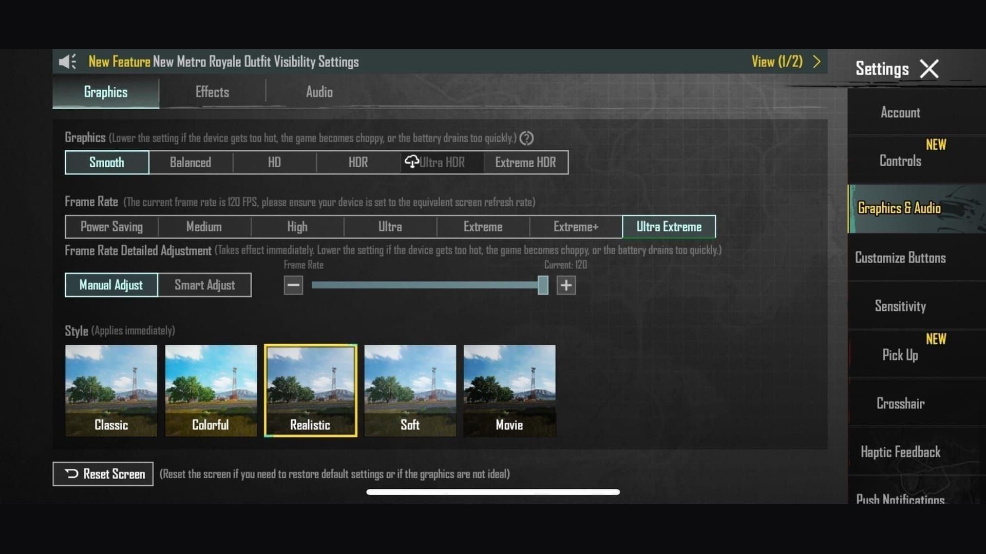 Графика «Плавно» с выбранной частотой кадров «Ультра Экстрим» 120 FPS в PUBG Mobile
