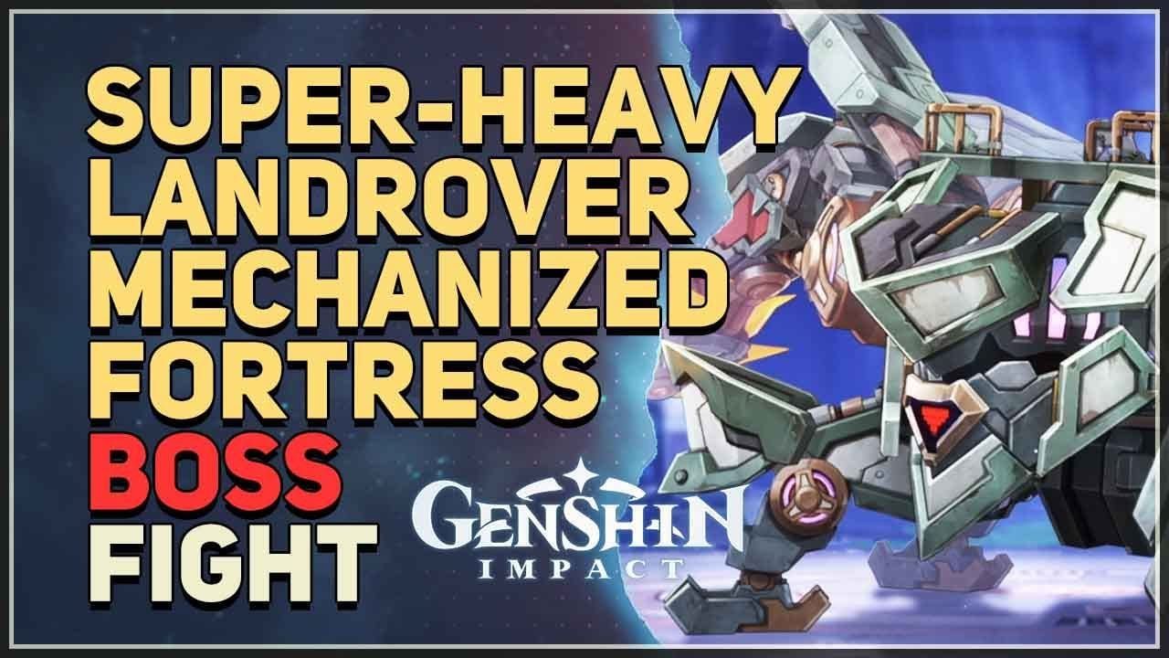 Скриншот битвы с боссом Genshin Impact «Сверхтяжелый Лендровер: Механизированная крепость», демонстрирующий боевую механику