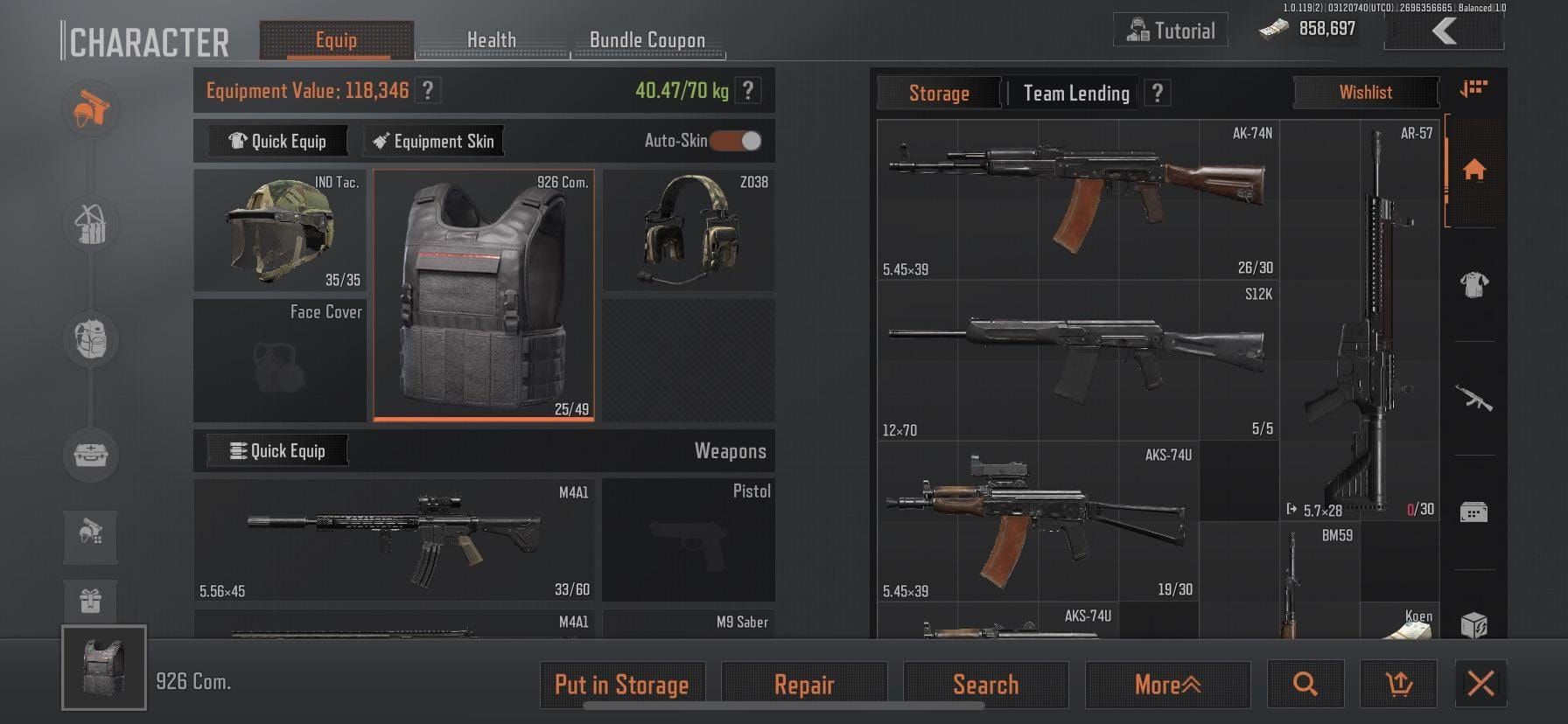 Arena Breakout armor repair interface showing T4 armor repair costs and durability restoration