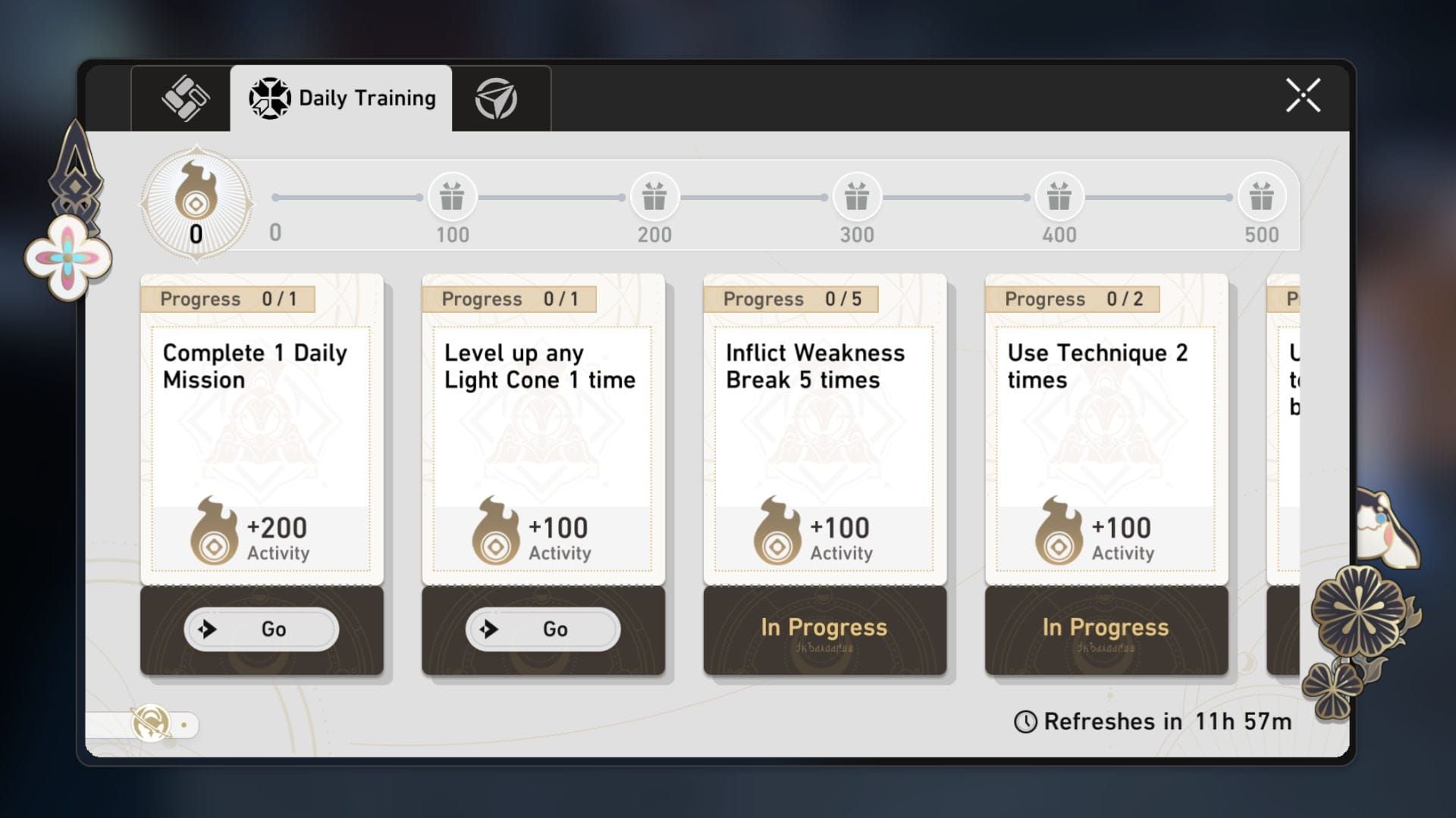 Honkai Star Rail Daily Training missions interface showing Stellar Jade rewards and completion status