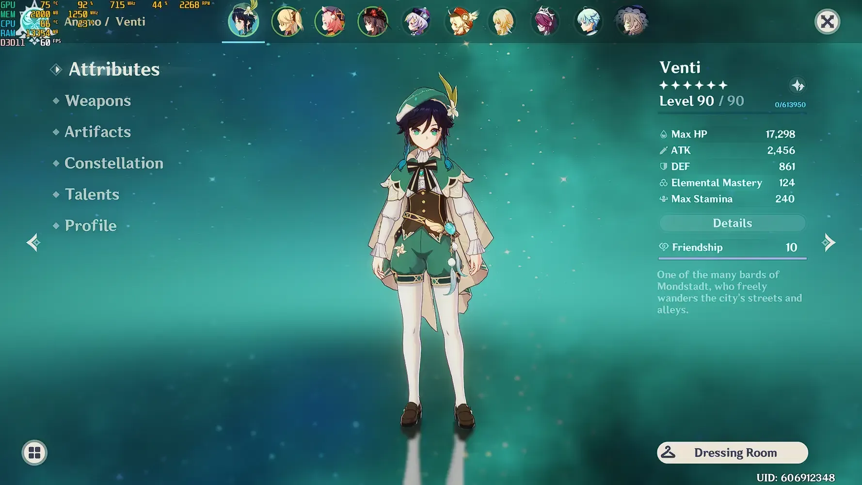 Venti character stats interface showing build configuration for weapon testing