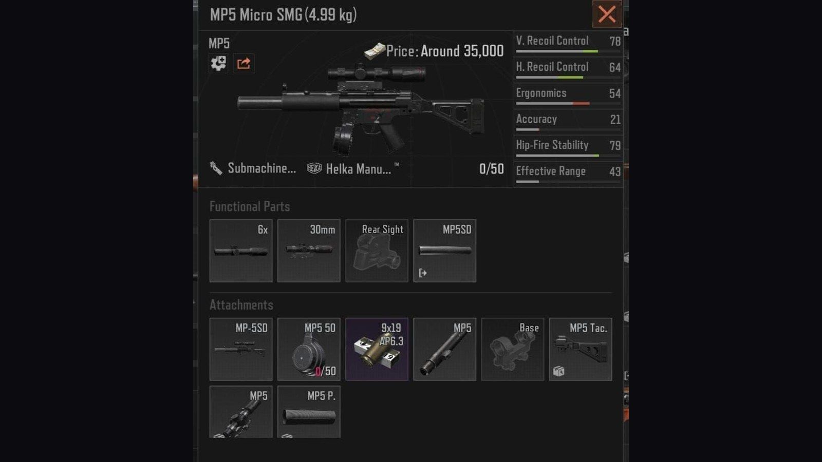 Экран оружейника Arena Breakout: сборка MP5 SD с глушителем, магазином на 50 патронов и характеристиками отдачи