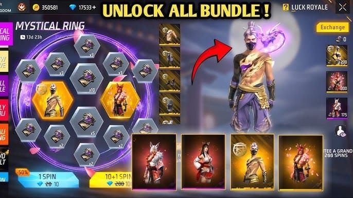 Free Fire Jujutsu Kaisen Ring Event interface for Sukuna bundle spins