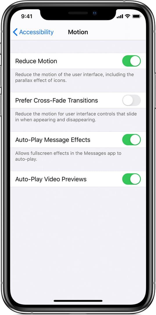 iOS Settings showing Accessibility > Motion options for frame rate limiting