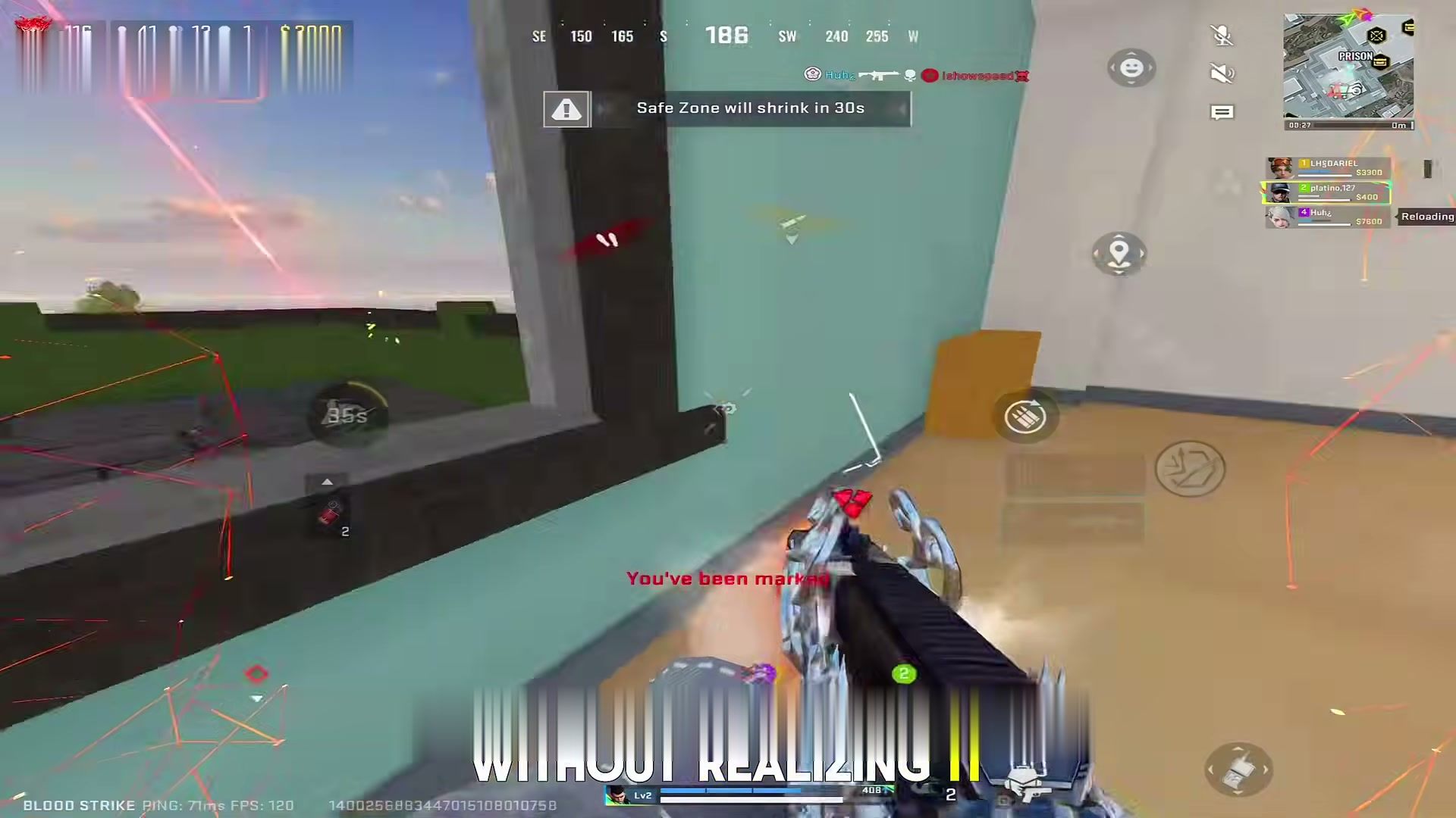 Blood Strike HUD: You've been marked, Safe Zone shrinks in 30s, Prison mini-map, squad cash