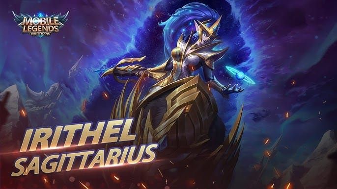 Скин зодиака Иритель «Стрелец» в Mobile Legends, демонстрирующий дизайн небесного лучника с астрологическими мотивами