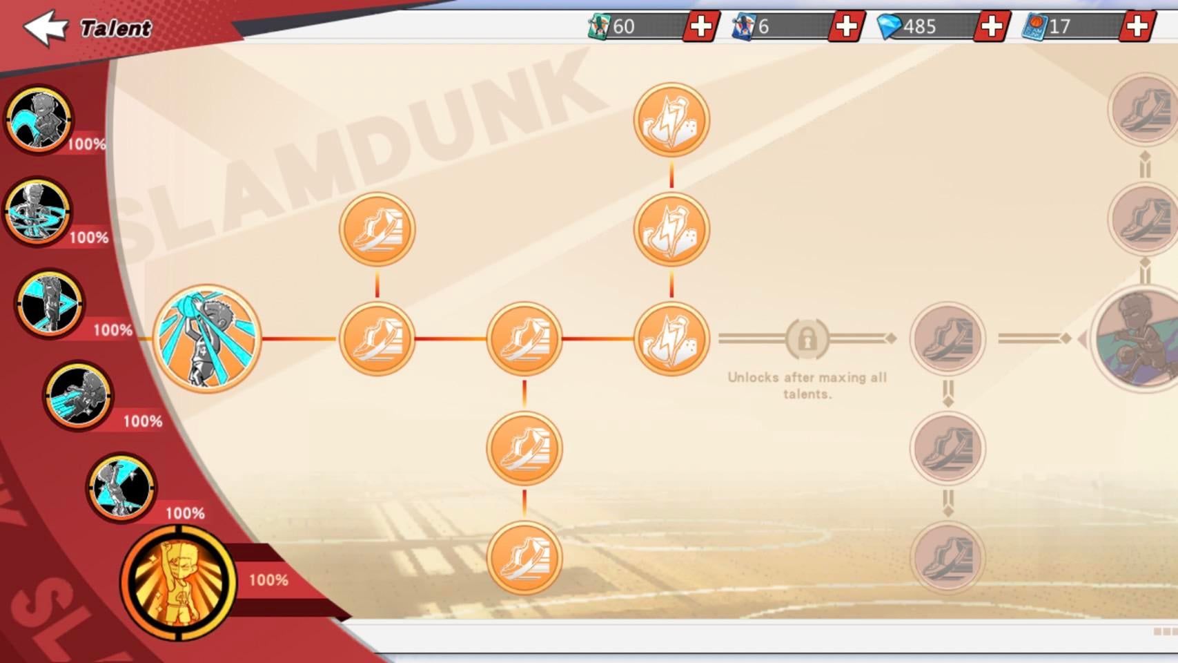 Slam Dunk Mobile character talent upgrade tree interface