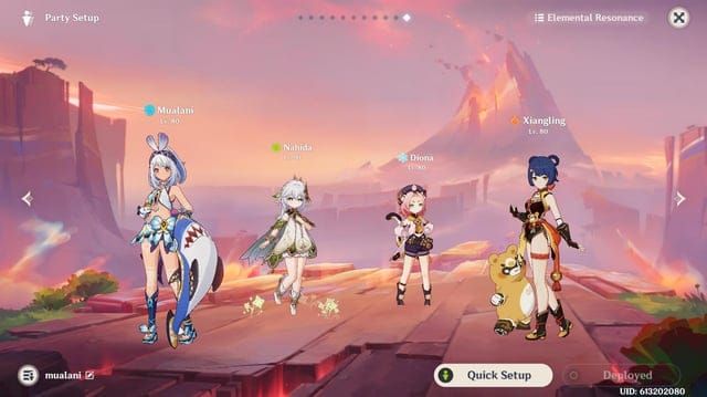 Genshin Impact F2P team artwork: Mualani, Xiangling, Sucrose, and Bennett for Reverse Vaporize rotation