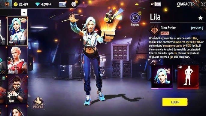 Скриншот Free Fire OB46 для LATAM: персонаж Лайла использует способность «Ледяной удар»