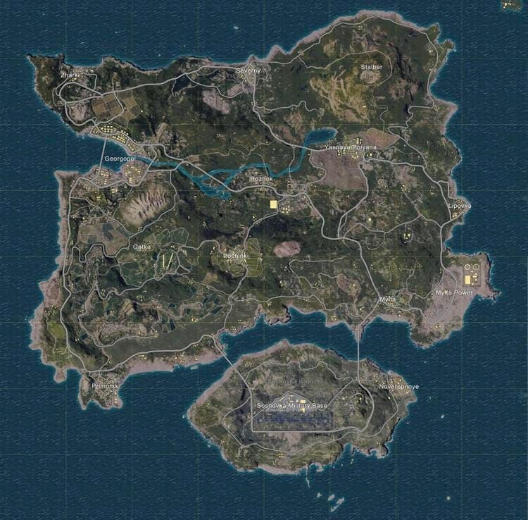 Тактическая карта школьного комплекса Эрангеля в PUBG Mobile с позициями для гранат