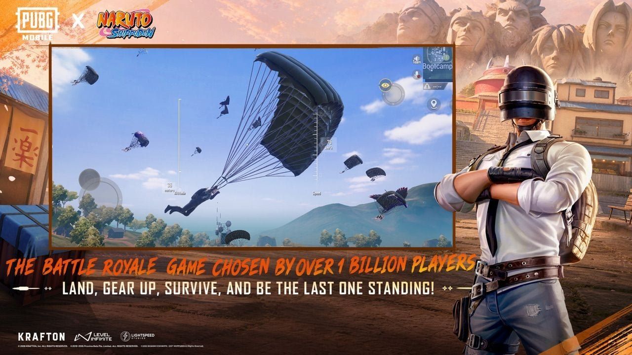 Высадка с парашютом над Буткемпом в PUBG Mobile при 90 FPS
