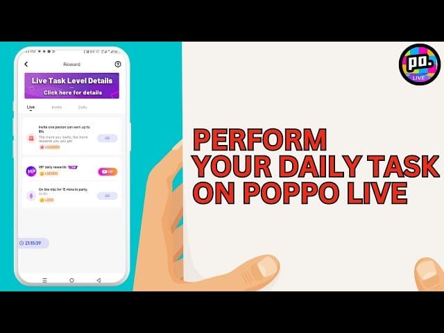 Poppo Live interface showing daily tasks and free coin earning opportunities