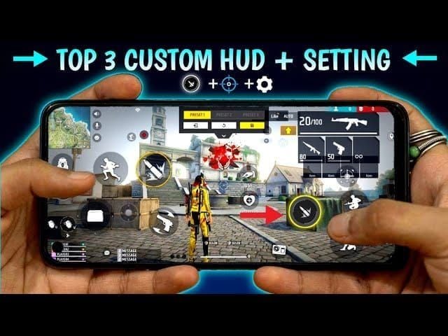Внутриигровой интерфейс Free Fire Max, показывающий кнопку огня, элементы управления движением, миникарту и слоты предметов для тестирования DPI
