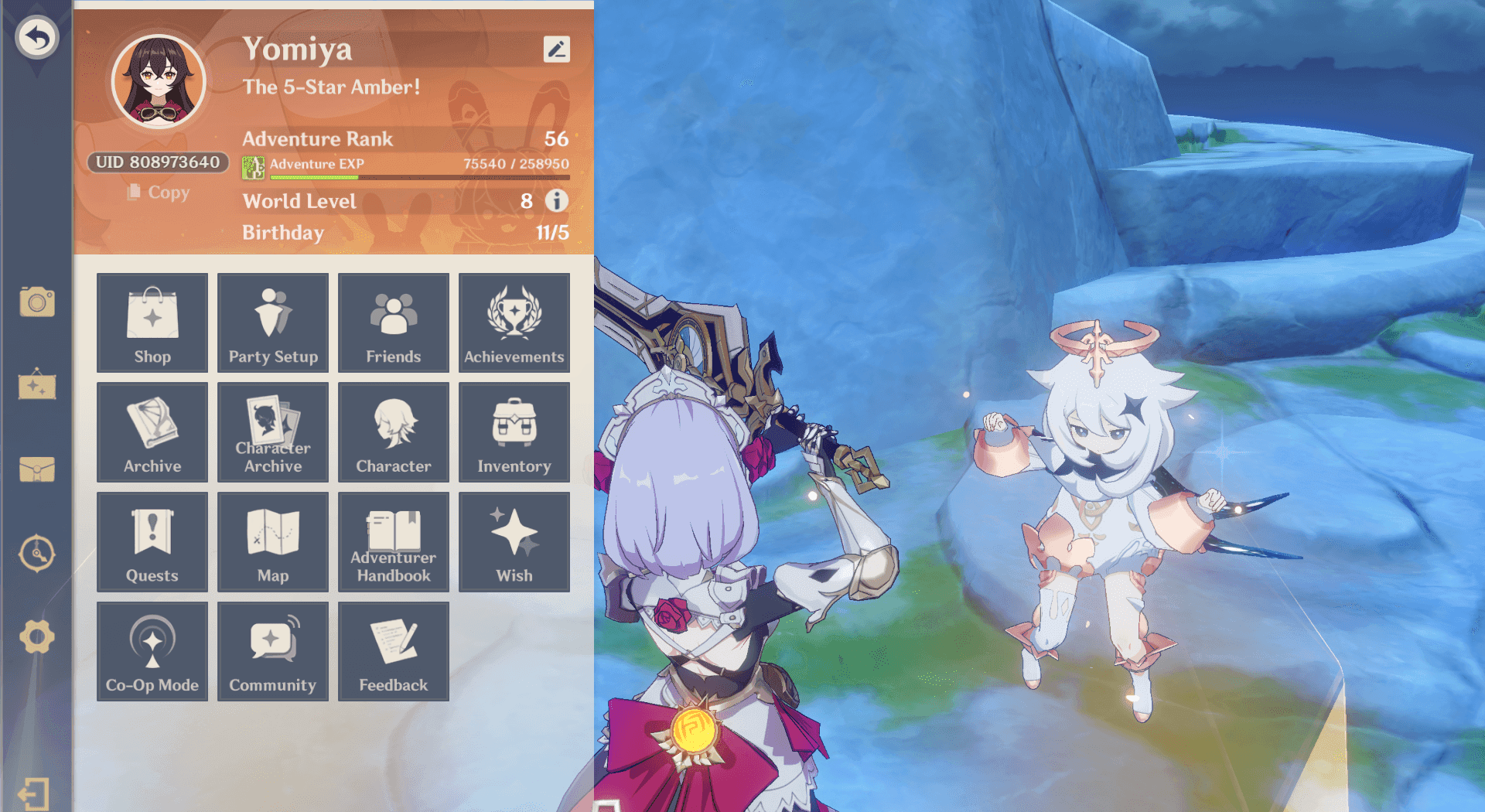 Genshin Impact in-game menu showing the path to redeem codes through Паймон's settings