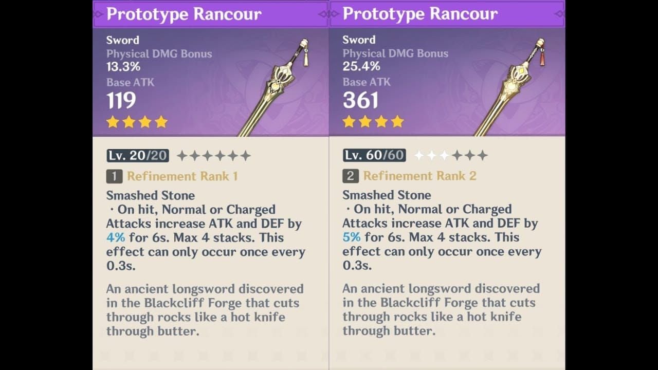 Prototype Rancour sword stats and details in Genshin Impact