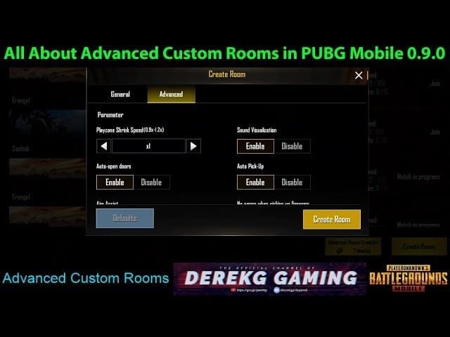 Интерфейс настройки пользовательской комнаты PUBG Mobile с параметрами игровой зоны