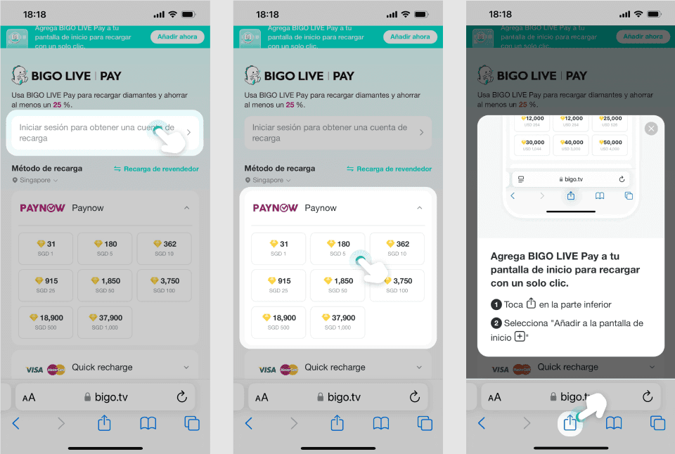 Bigo Live app showing how to access Diamond recharge menu