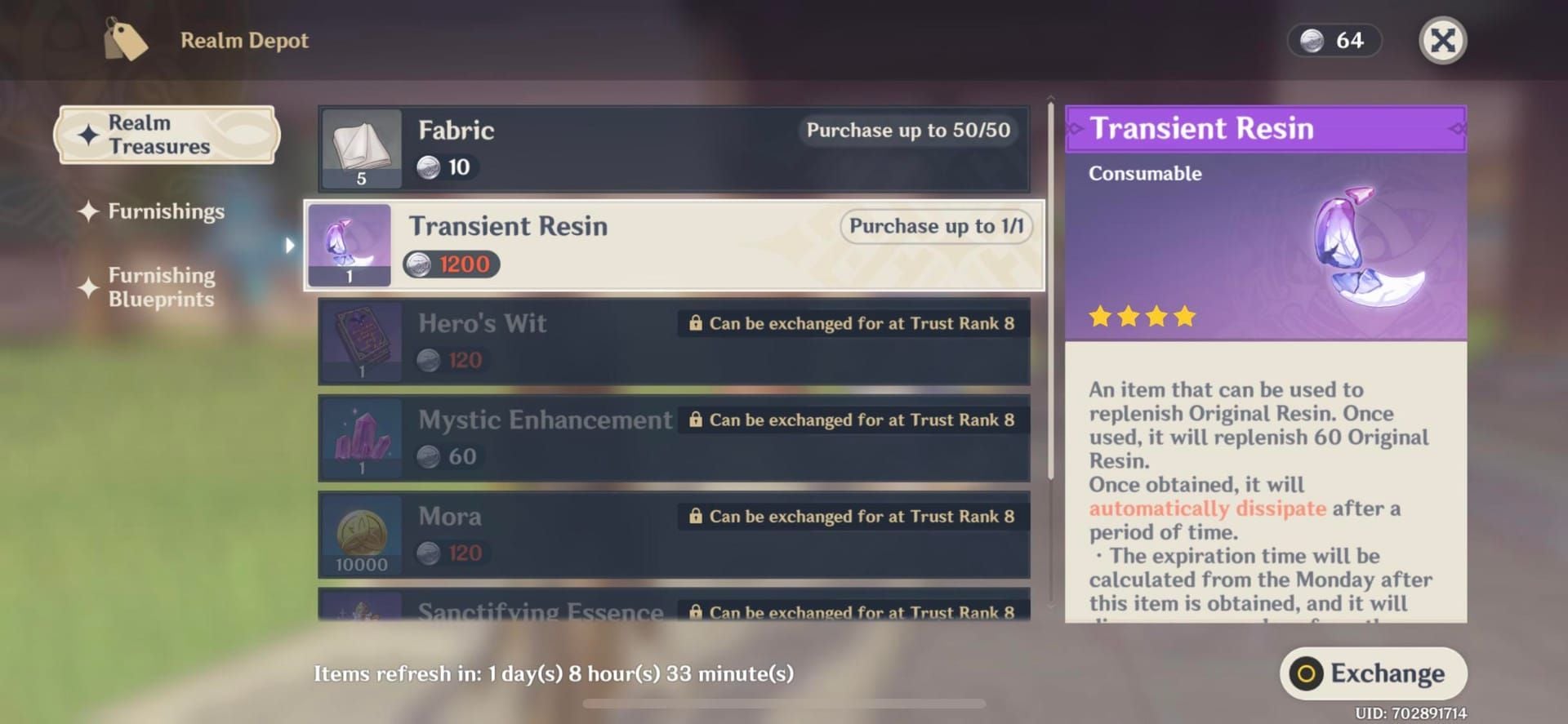 Genshin Impact Realm Depot interface showing Transient Resin purchase option for 1,200 Realm Currency