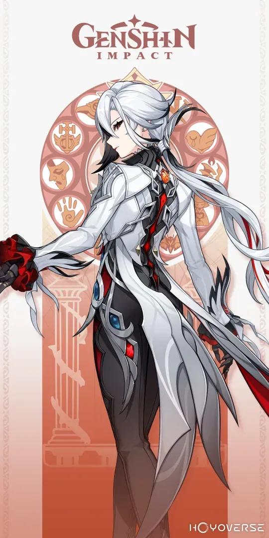 Arlecchino character from Genshin Impact displaying her Pyro element and polearm weapon