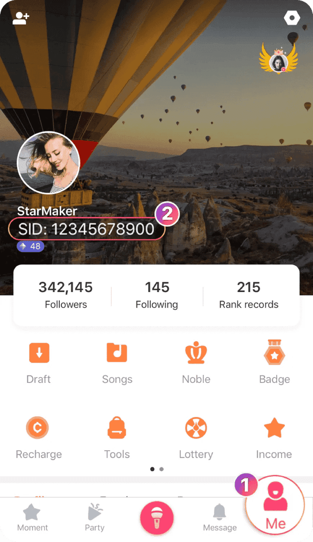 StarMaker profile interface showing SID for top-ups
