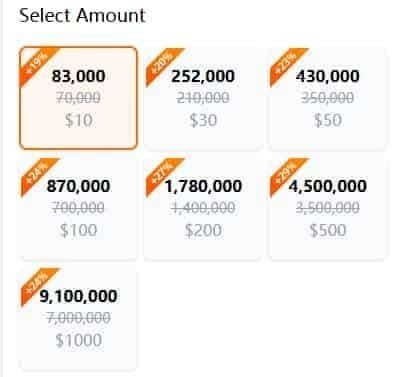 Price comparison chart showing official vs discounted Poppo Live coin packages
