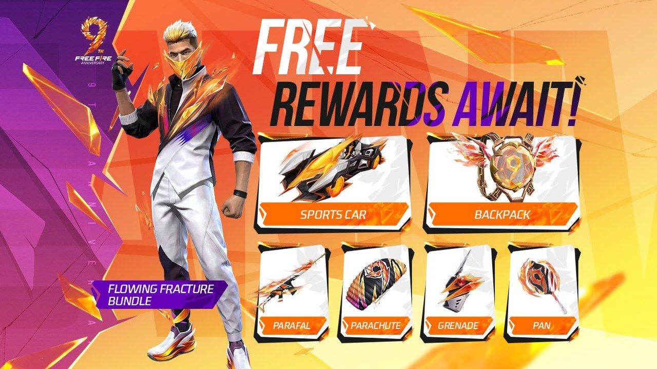 Официальный баннер юбилейных наград Free Fire с костюмом, рюкзаком и скинами на оружие