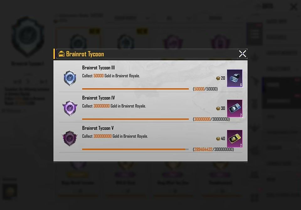 Brainrot Tycoon achievements gold milestones in PUBG Mobile