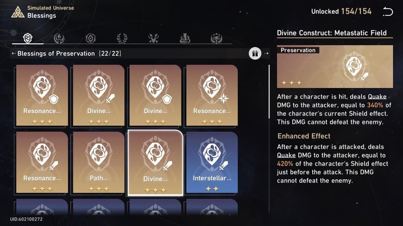 Honkai Star Rail Simulated Universe Preservation Path blessings icons and effects guide