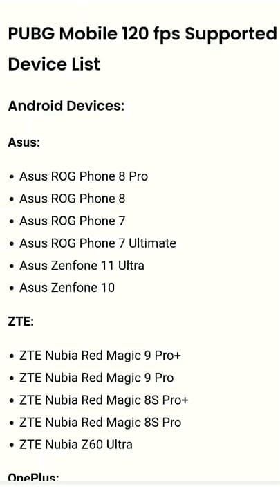 Chart displaying PUBG Mobile 120 FPS compatible devices including iPhone Pro models and Android flagships
