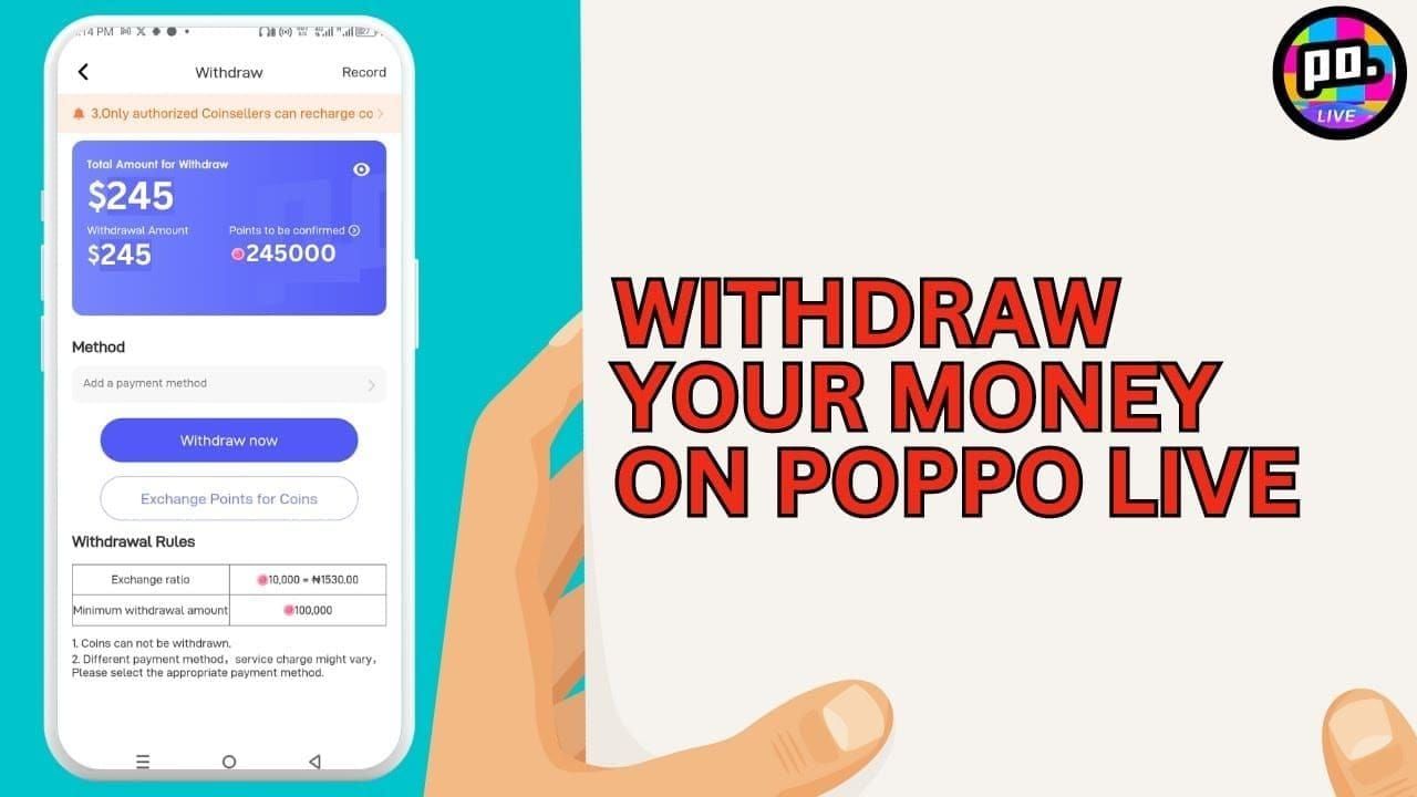 Poppo Live app withdrawal screen showing payment options and processing information