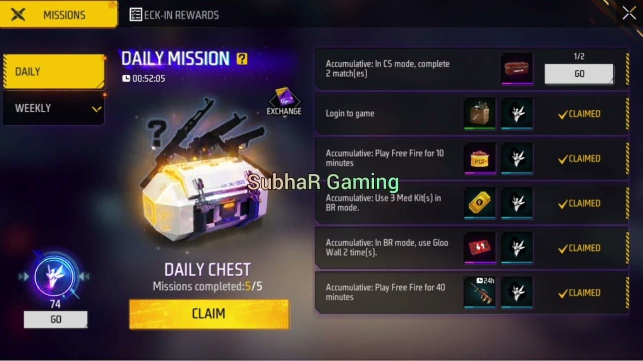 Free Fire daily missions interface displaying diamond fragment rewards and completion progress